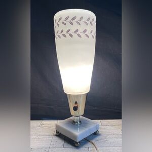 Vintage Mid-Century Table Lamp.  Frosted White Glass Shade w/gold leaves